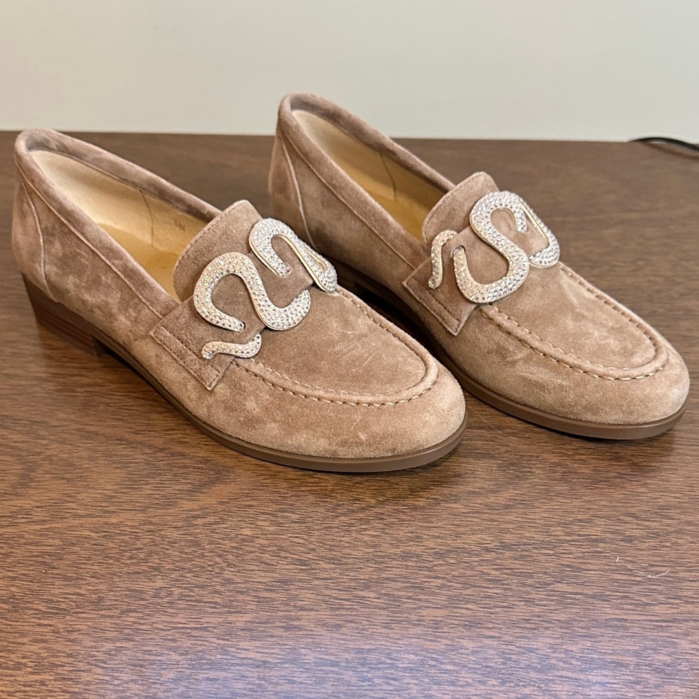 Vaneli Brown Suede Loafers with Silver Embellishment